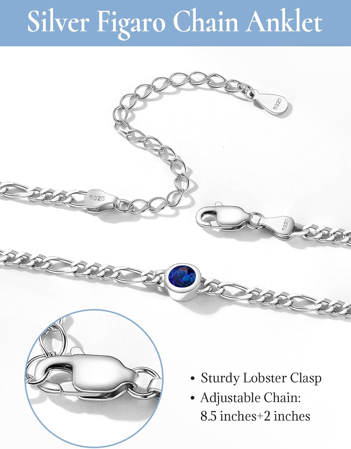 U7 SILVERCUTE Sterling Silver Anklets for Women, Large Heart/Round Birthstone Ankle Bracelet with Figaro Chain, Waterproof Summer Beach Foot Jewelry Length 8.5"-10.5"