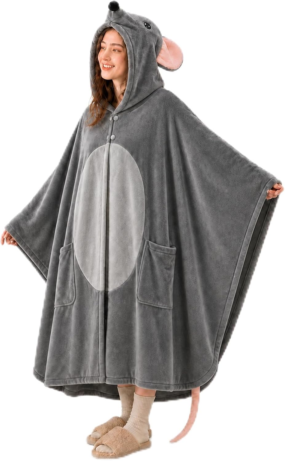 Mouse Hooded Wearable Blanket, Long Gray Fleece Cape with Dual Pockets | Cozy Animal Wrap for Adults, Dorm Study, Office Naps, Movie Nights，Blanket Sleepers
