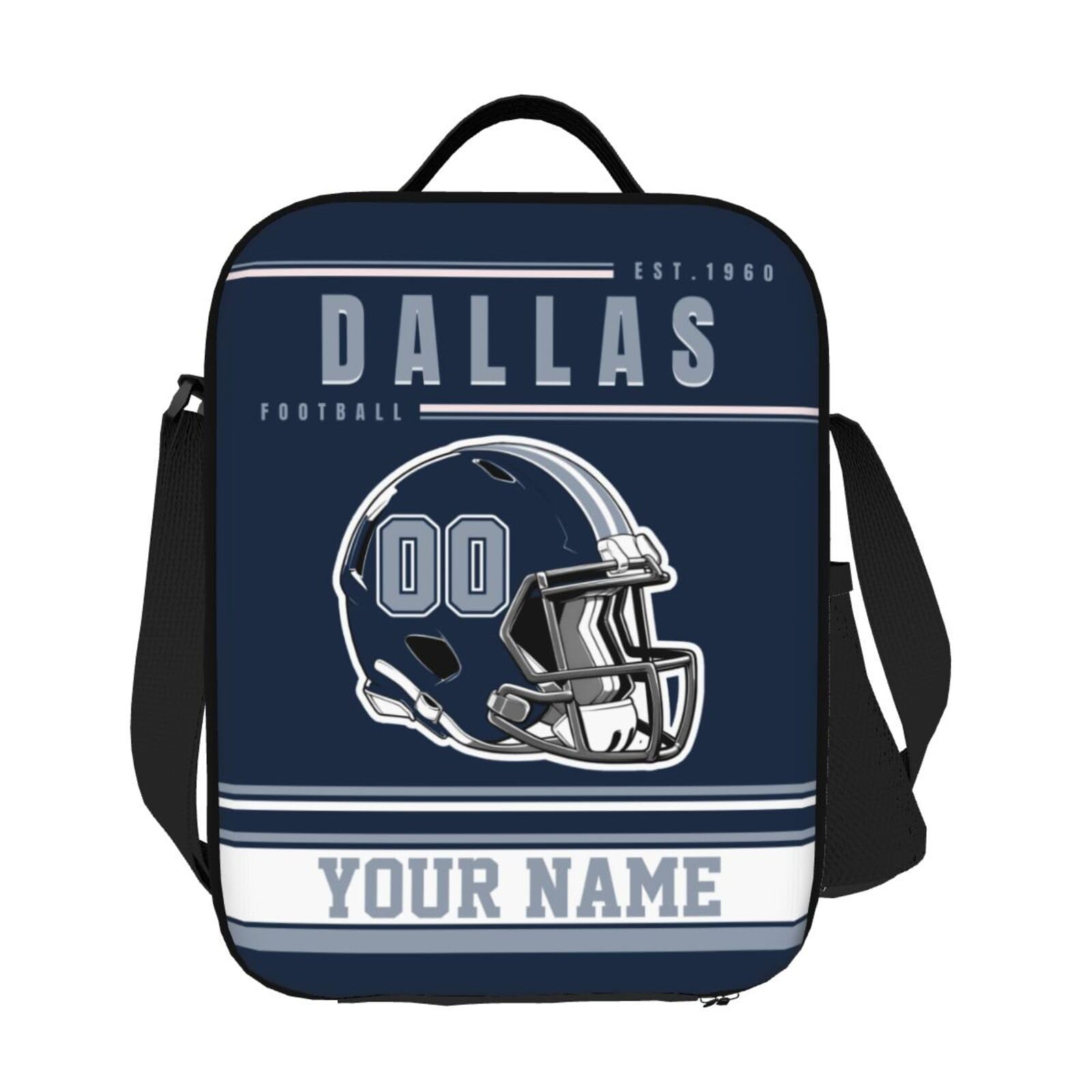 Custom Football Lunch Box Personalized Football Style Lunch Bag with Name Number Customized Adjustable Strap Sport Insulated Lunch Tote Gifts for Fans Men Women, Blue