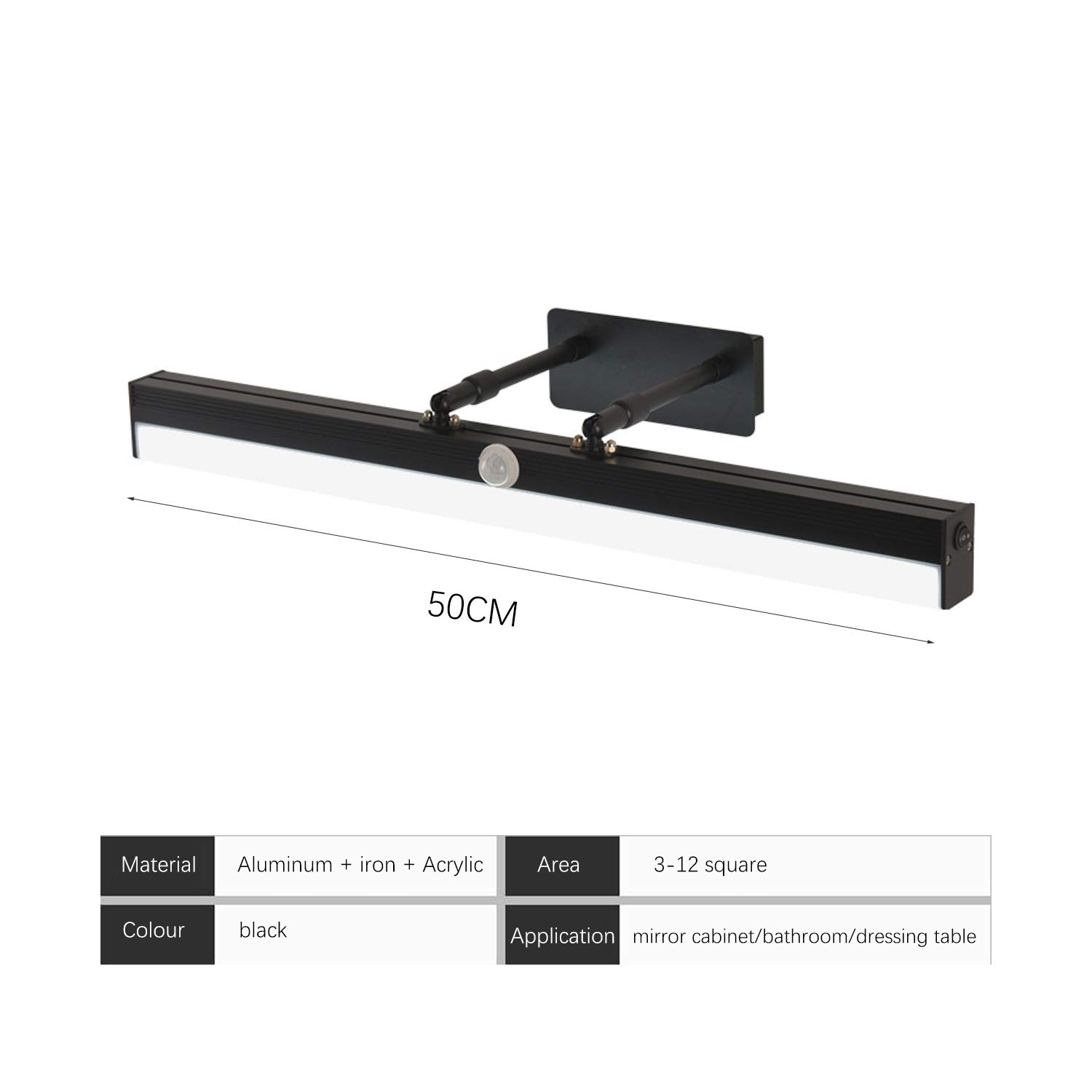 ACMHNC Bad Spiegelleuchte Mit Bewegungsmelder,LED Schwarz Spiegellampe Badezimmer Mit Schalter,4000K Schminklicht Badlampe Einstellbar&Drehba,Wandleuchten Aus Metall Für Spiegel Schminktisch,50cm/10w