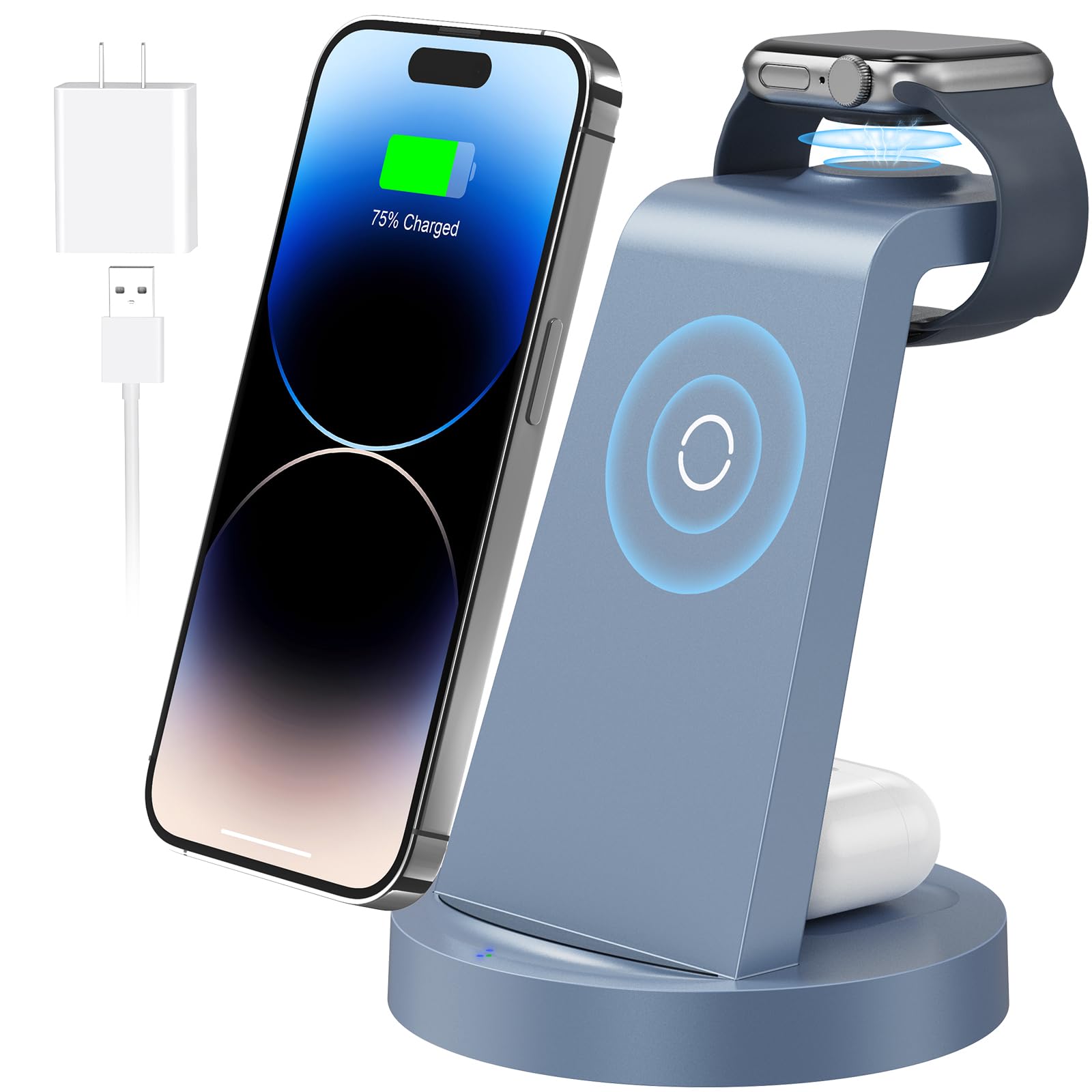 3 in 1 Charging Station for Apple Device, Wireless Charger for iPhone 16 15 14 13 12 11 Pro Max & Apple Watch iwatch- Charging Stand Dock for AirPods (Blue)