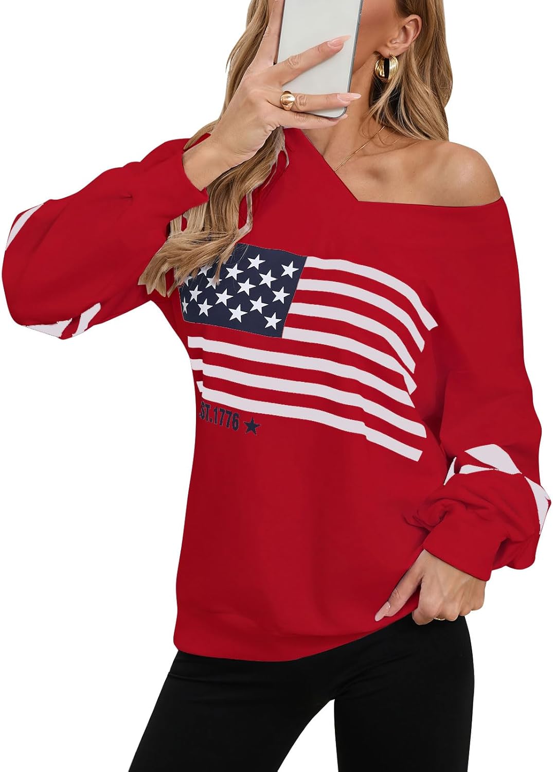 shermie Sweatshirt for Women Long Sleeve V Neck Loose Casual USA flag Oversized Pullover Shirts