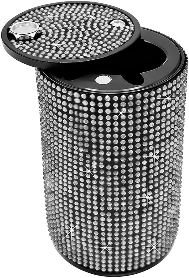 Bling Car Ashtray, Rhinestones Smell Proof Automotive Smokeless Ash Tray Holder with Lid, Sparkling Multifunctional Portable Vehicle Interior Cigarette Ashtray, Universal Fit (White)