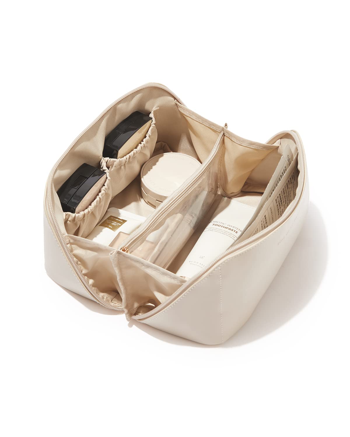 EACHY Travel Makeup Bag,Large Capacity Cosmetic Bags for Women,Waterproof Portable Pouch Open Flat Toiletry Bag Make up Organizer with Divider and Handle (White, Medium)