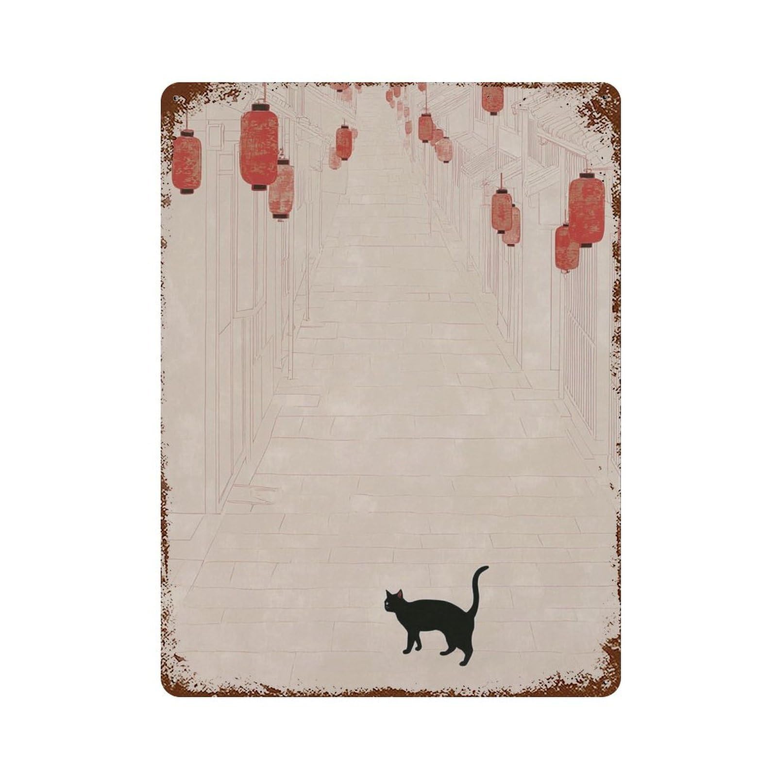 xiaoxiaoshen Japanese Lantern Minimal Cat Street Work Calm Asian Wall Decor Art Metal Tin Poster Modern Home Decor Art Home Bar Shop Decorations Vintage Sign 40x30cm