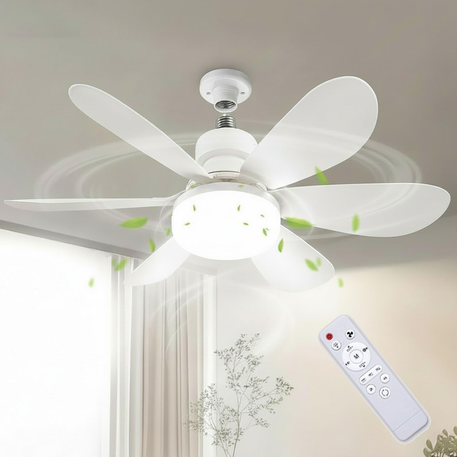 Smartbreez 40w LED Ceiling Fan Light 20.5 Ultra-Quiet with Remote, 2-in-1 Socket Fan Light with Remote Control, 3 Speeds Plug in Ceiling Fan with E27/B22 Bayonet Fitting (White,Oval 6-Blade)