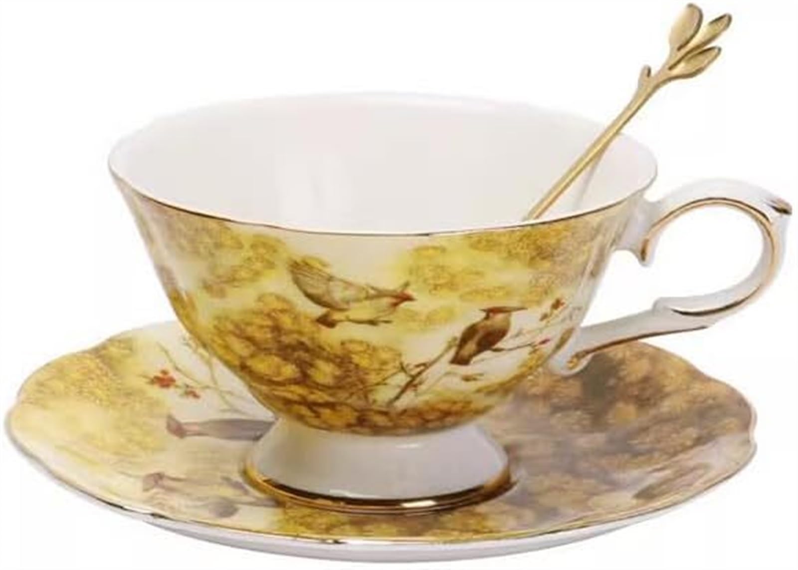 Ceramic Coffee Tea Cup and Saucer Set Yellow Magpie Bird Pottery Coffee Mug and Saucer Set Milk Juice Mug Plate Birthday Gift for Office and Home