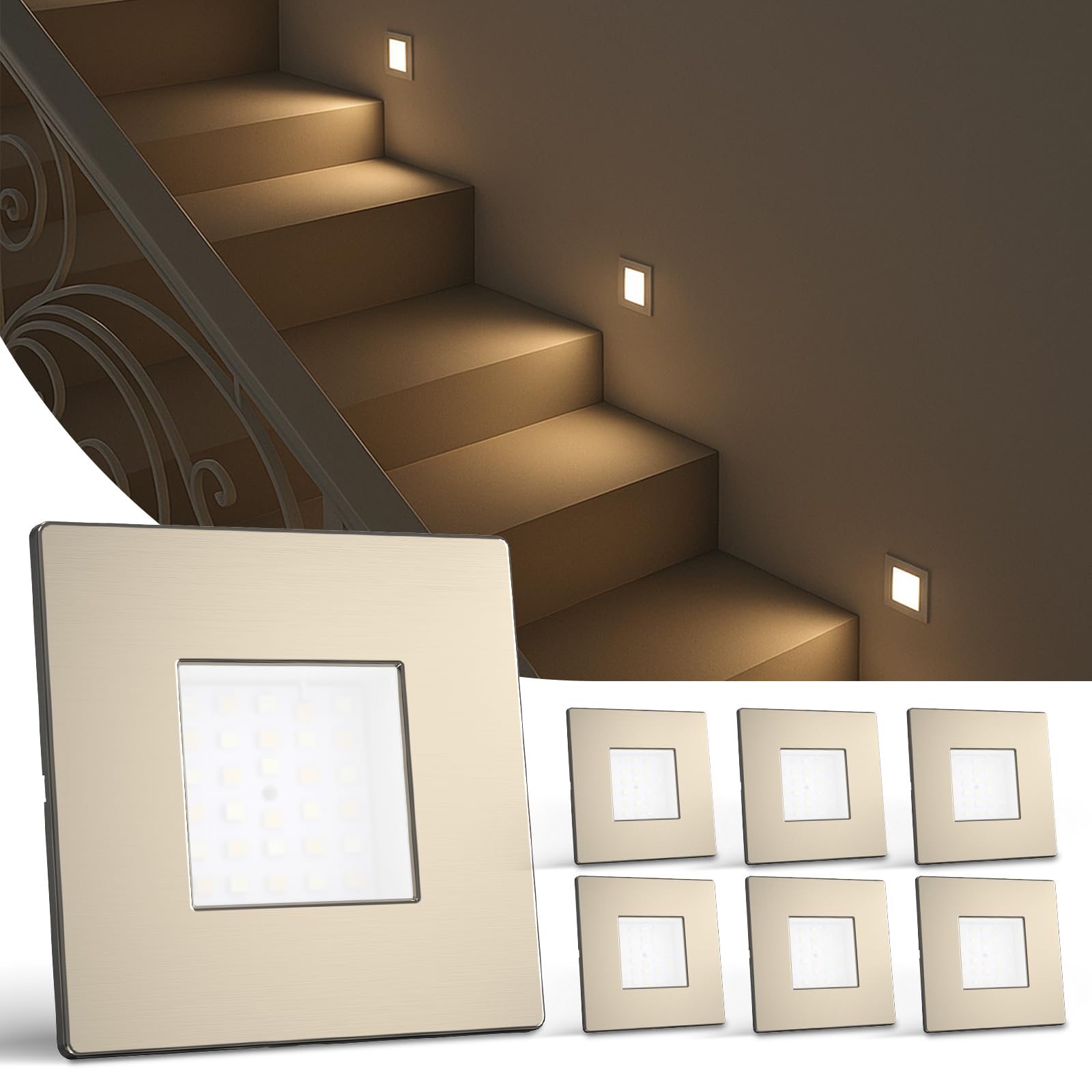 ALUSSO LED Treppenbeleuchtung 230V, 3WT 0.5W 1.5W 2.5W, 3CCT Warmweiß Neutralweiß Kaltweiß Treppenlicht, IP44 Treppenleuchte Wandeinbauleuchte, Eckig Nickel, 6er Set
