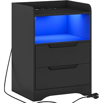 Brinlawb Bedside Table with LED Lighting and Charging Station 2 AC Sockets 2 USB Ports Bedside Table with 2 Drawers and 1 Open Compartment Side Table Sofa Table for Living Room Bedroom Black
