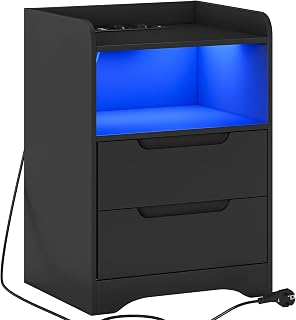 Brinlawb Black Bedside Table with LED Lights and Power Strip (2 AC Outlets, 2 USB Ports) Bedside Table with 1 Open Compartment and 2 Drawers for Living Room, Bedroom, Office, Easy Assembly, Modern Black
