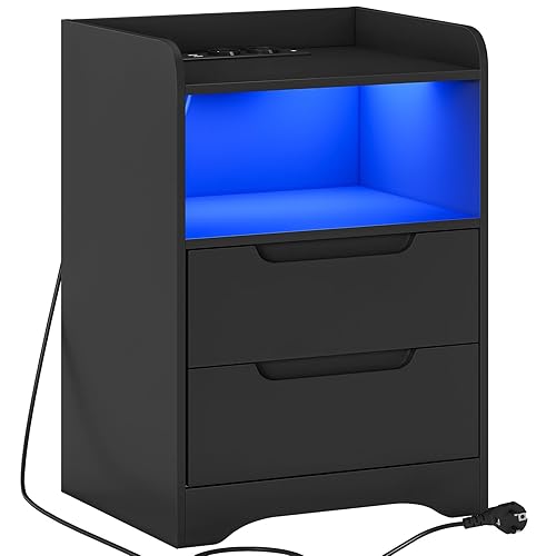 Brinlawb Table de Chevet Noir avec lumières LED et Multiprise