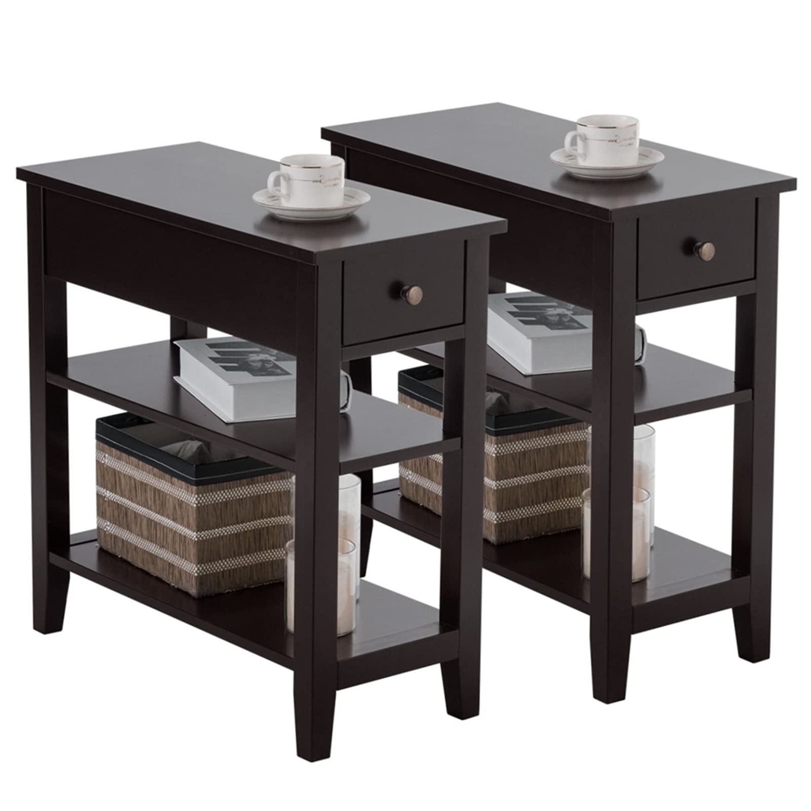 KOTEK End Table Set of 2 with Drawer and Open Storage Shelf, Narrow Side Table, Slim Bedside Table, 3-Tier Nightstand for Living Room, Bedroom, Office (Brown)