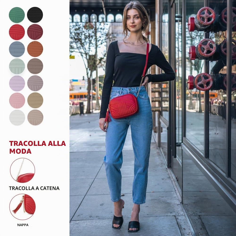Evve Borsa a tracolla trapuntata da donna, elegante borsa per fotocamera con nappa, leggera e di medie dimensioni