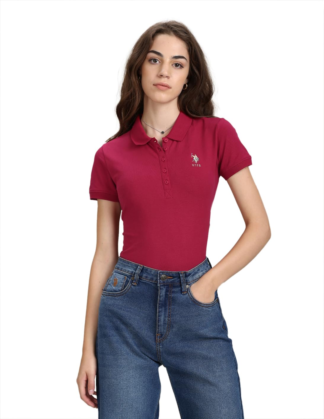 Women's Cotton Solid Slim Polo Shirt (UWAW23TSH023_Pink_S)