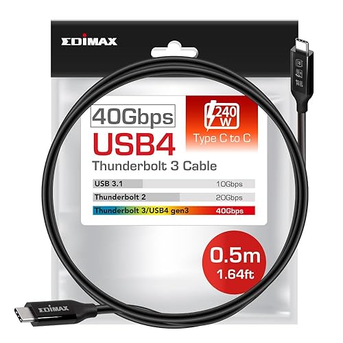 Edimax Cable USB-C USB B4 Thunderbolt 3, 1.6 pies 1.6 ft, hasta 40Gbps y 240W USB-PD, ultra duradero, unidades SSD, bases Thunderbolt, MacBook Pro,