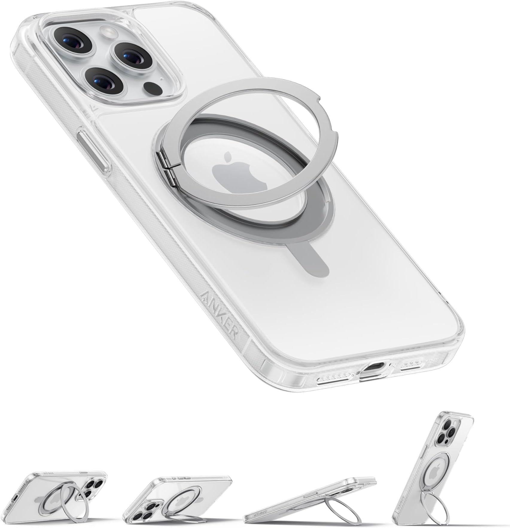 Anker Ultra Magnetic for iPhone Case with Sturdy 360° Ring Stand, Military-Grade Shockproof Kickstand Compatible with MagSafe (for iPhone 15, Clear)