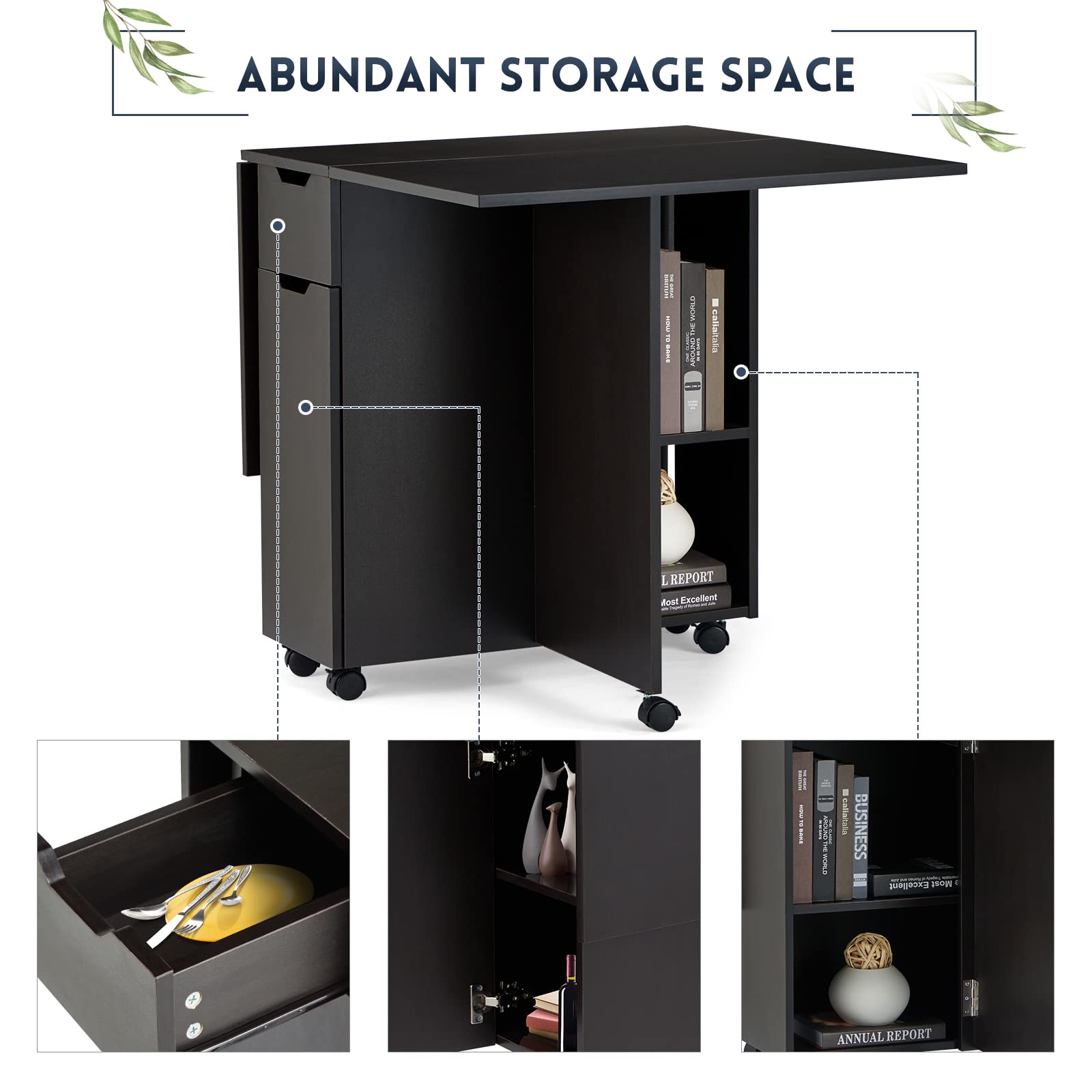 JOMEED Folding Dining Table with 6 Wheels, Drawer and 2Layer Storage