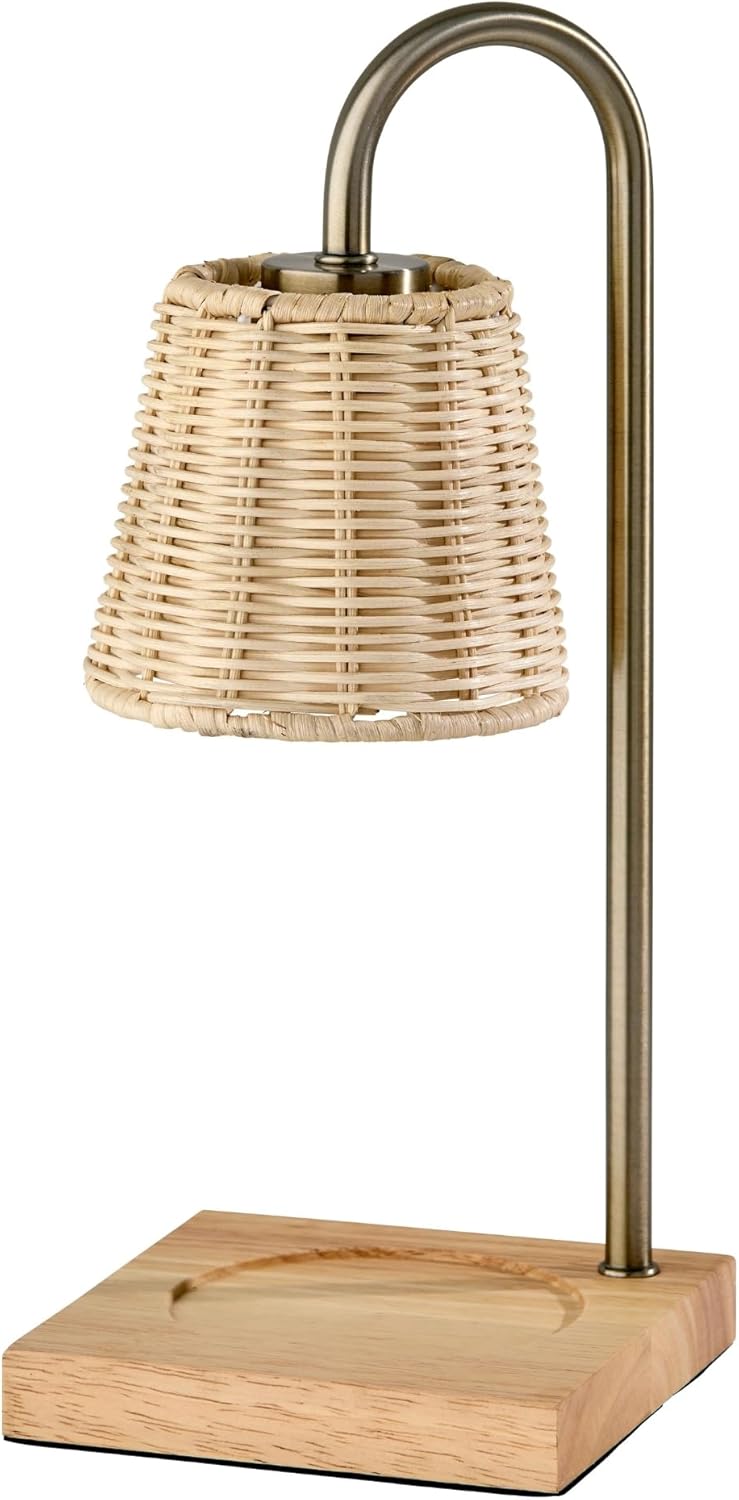 Adesso Candle Warmer Lamp – Flameless Candle Melter with Adjustable Timer & Dimmable Light, Bulb Included, Antique Brass Base & Rattan Shade, for Home, Dorm, or Office