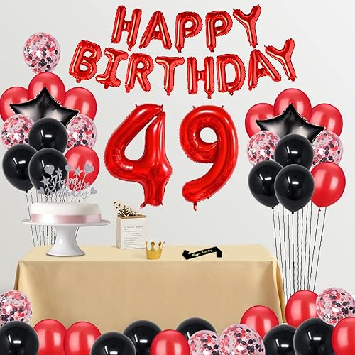 Miniatura 5 de Suministros de decoración de fiesta de cumpleaños número 49, globos rojos y negros, decoración de pastel de feliz cumpleaños, papel de aluminio,