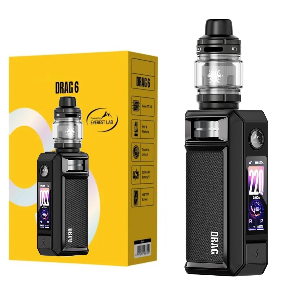 DRAG 6, For VOOPOO Drag 6 Box Mod Kit | 220W intégrée 4400mAh Batterie + 5ml UFORCE-X Tank II PnP X 0.15ohm + 0.3ohm Coil E-Cigarette Vaporisateur, Sans nicotine
