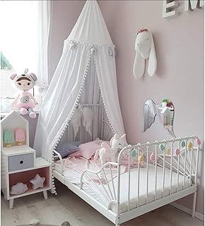 Kids Bed Canopy, Crib Netting Canopy Kids Nursery Canopy Mosquito Net Soft Material Pompom Reading Nook Play Canopy Hanging Tent For Baby Girls Room (White)