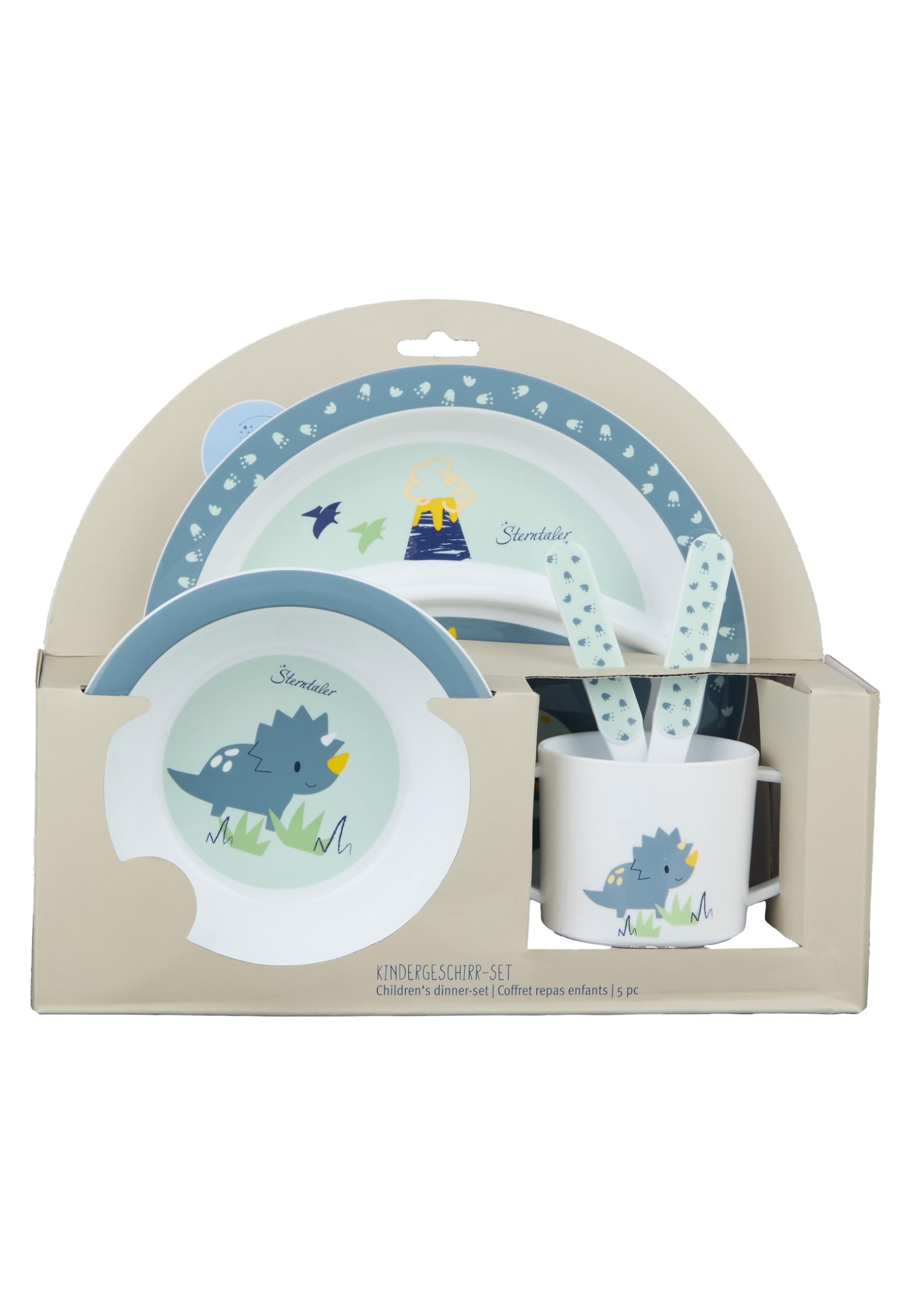 Sterntaler Geschirrset Dino Rexi - Baby und Kinder Geschirr mit rutschfestem Sockel an Teller, Tasse und Becher - robustes Baby und Kindergeschirr aus lebensmittelechtem Material, blau