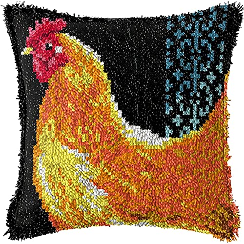 Image of Chickens Latch Hook Pillow Kits for Adults Beginners Pre-Printed Cushion | Home Sofa Cushion Cover Preprinted Canvas Crochet Yarn Kits Needlework Crafts Festival Gift for Adults Beginner 17X17 Inch