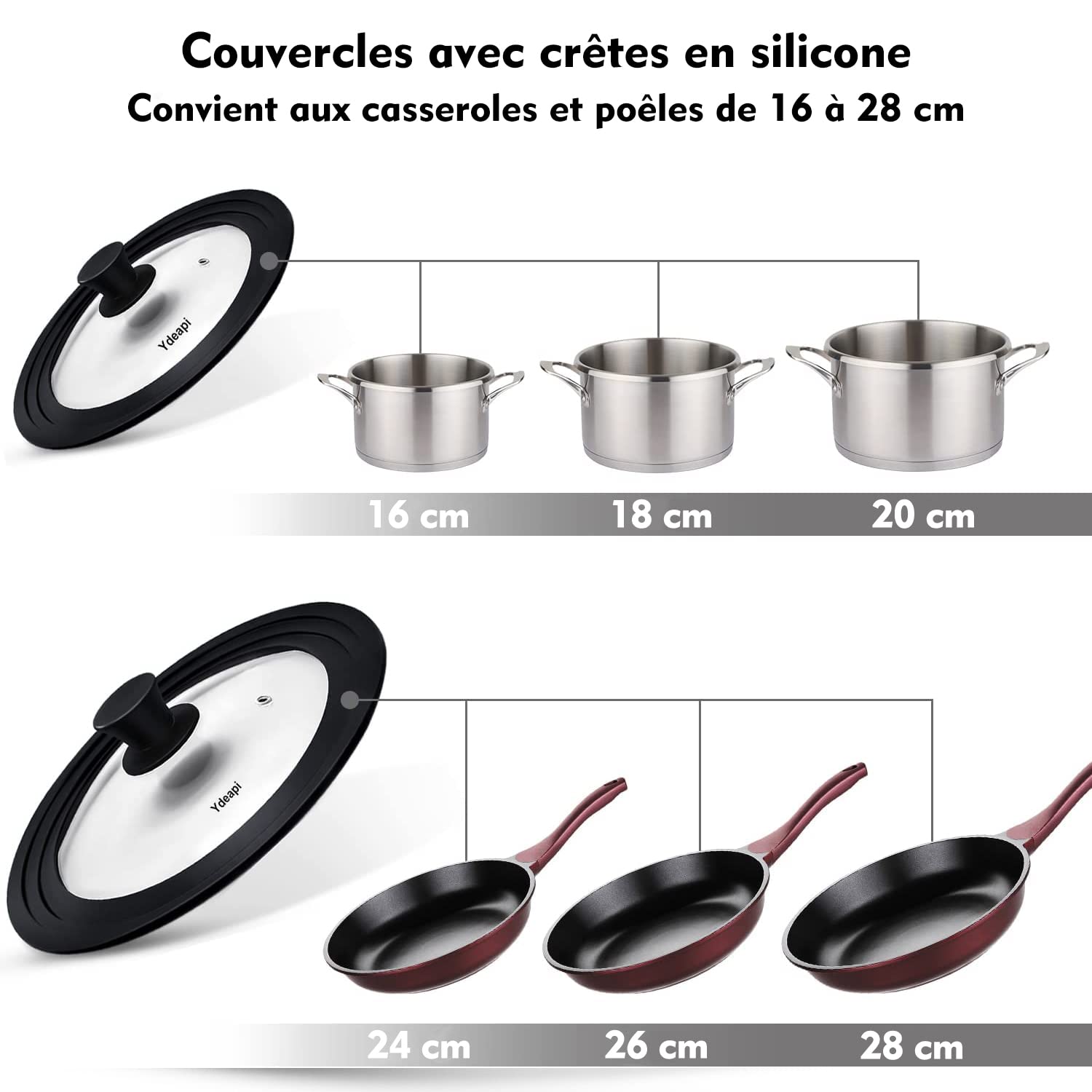 Couvercle Casserole 28 Cm 26 Cm 24 Cm - Couvercle Poêle Verre Trempé Avec Bord Silicone Gradué Anti-Débordement