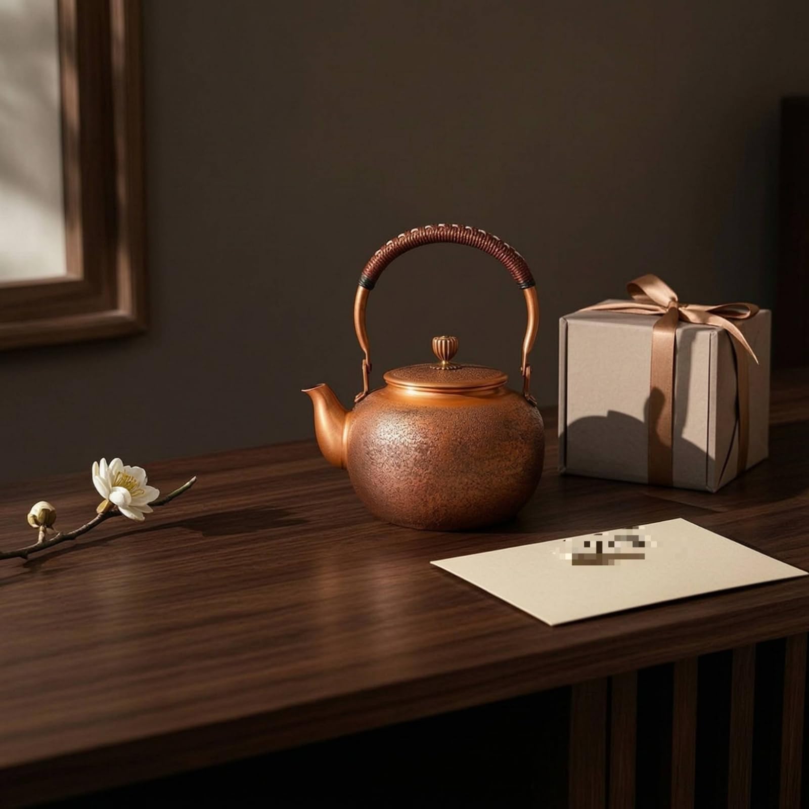 Tetera Cobre Compacta Tetera con Tapa Ergonómico Vajilla para Aficionados Al Té, 1300, Grabado Vertical