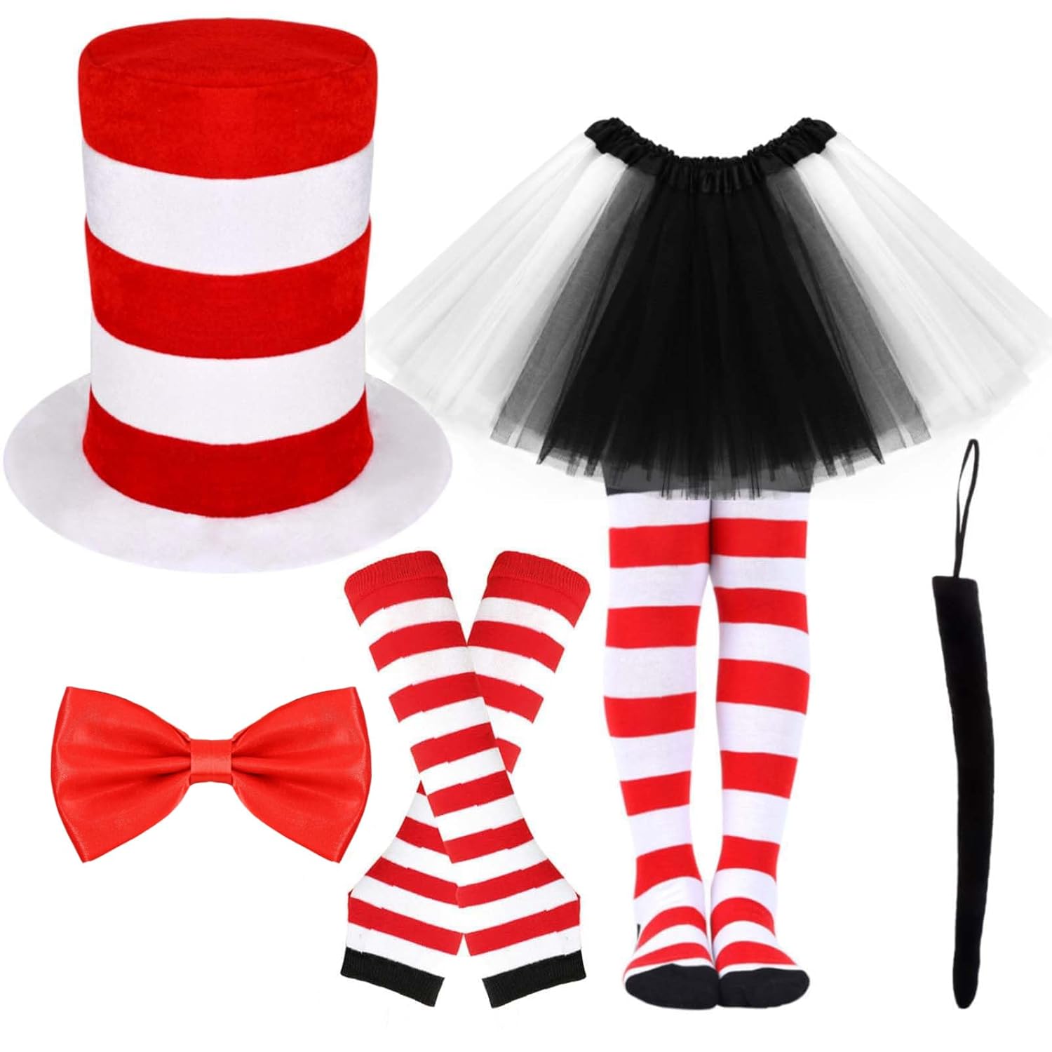 6 Pcs Cat Costume Accessories Set Include Red White Striped High Top Hat Gloves Socks Black White Tutu