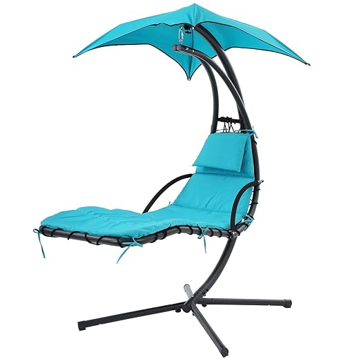 Best Patio Chair Hanging Chaise Lounger Chair Floating Chaise Canopy Swing Lounge Chair Hammock Arc Stand Air Porch Stand for Canopy Swing Chair Naps Use Indoor and Outdoor, Adjustable Umbrella, Blue