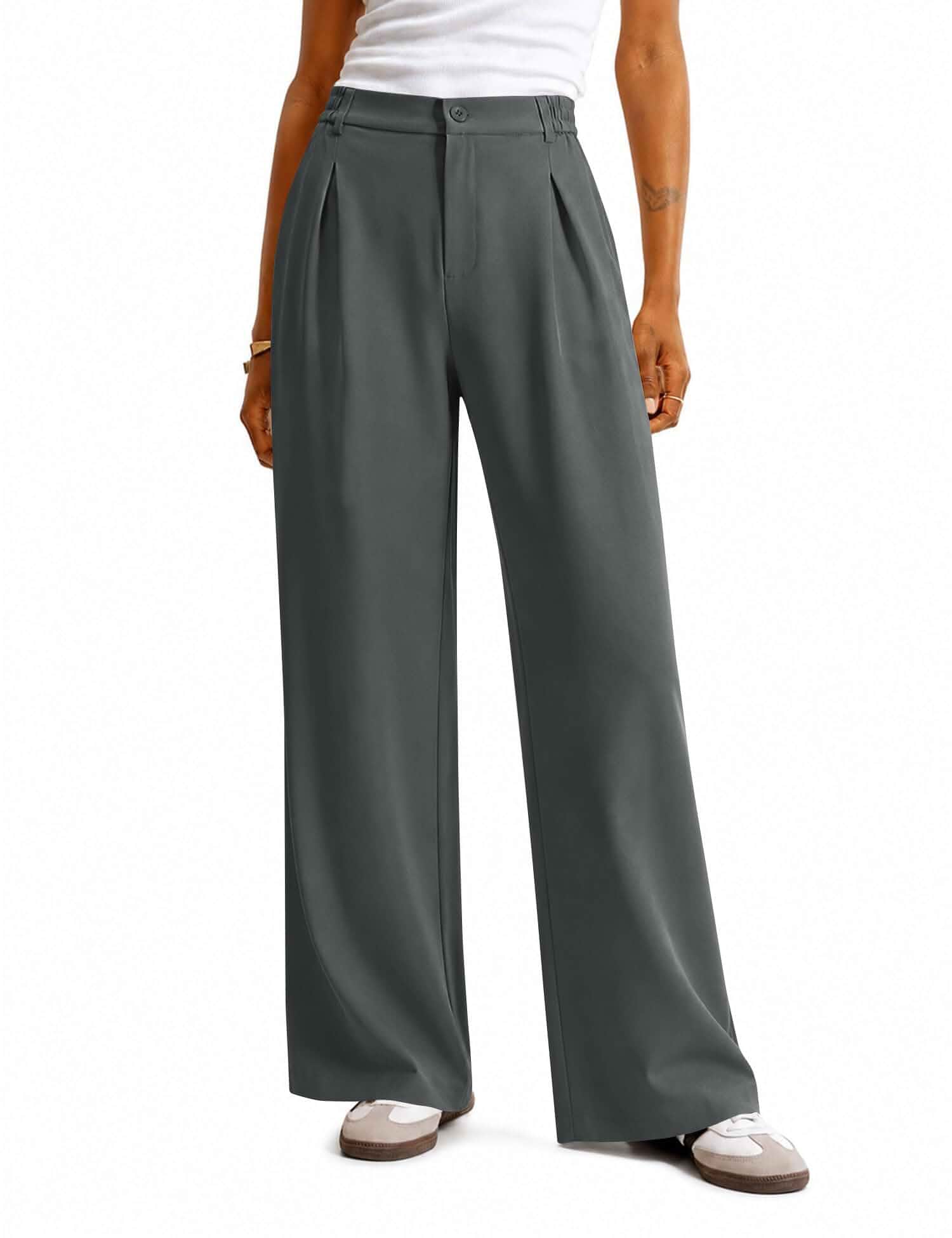 LOMON Womens Wide Leg Dress Pants Office Work Trousers with Pockets Lightweight, Elastic Waist, Business Casual Palazzo Pants, Fall Daily Wear, Pleated Slacks for Women