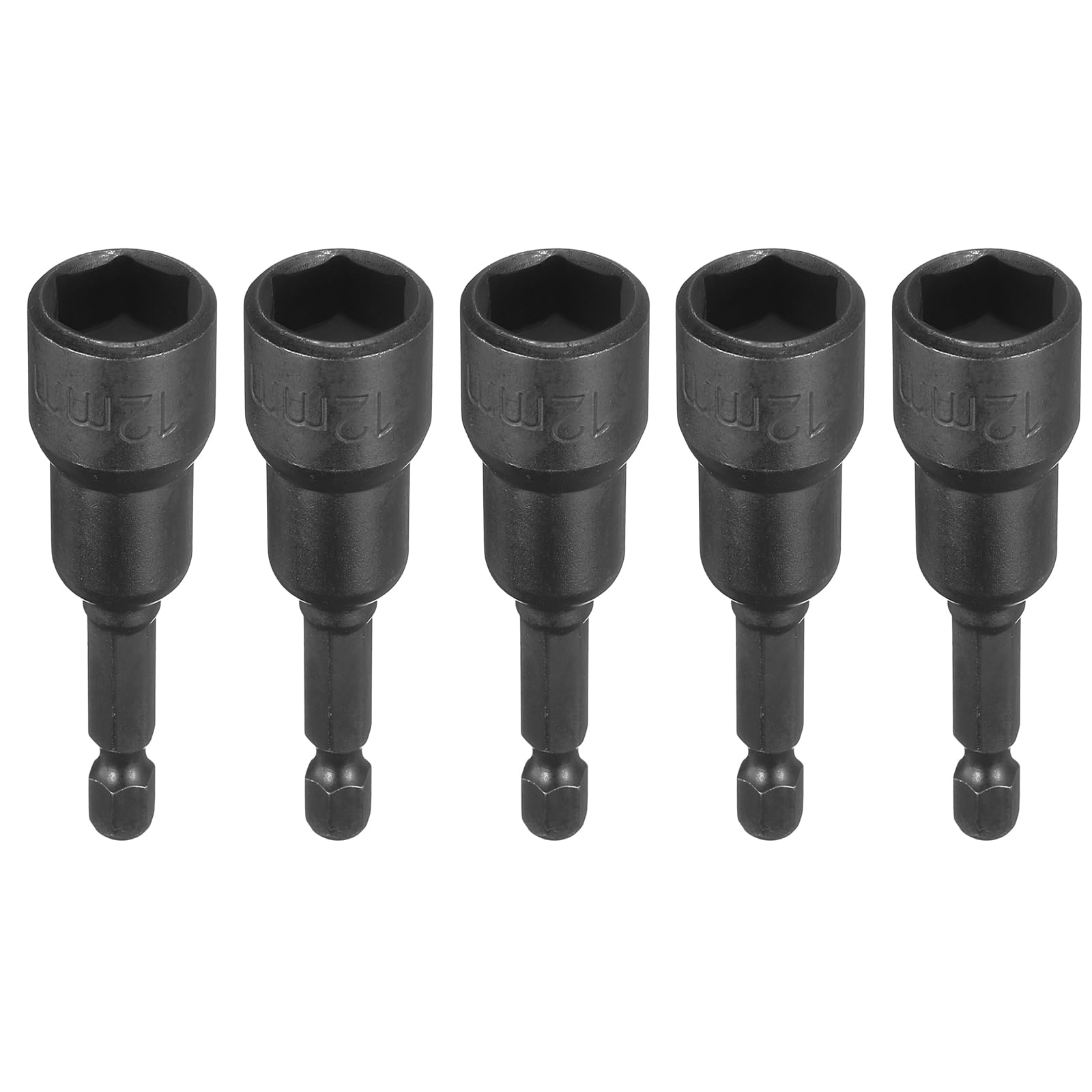 sourcing map 5pcs Magnetic Nut Driver 12mm Hex Drive Socket CR-V Steel Power Screw Drill Bits Socket Wrench Tools with 1/4" Quick Change Hex Shank for Power Drills Impact Drivers, Black