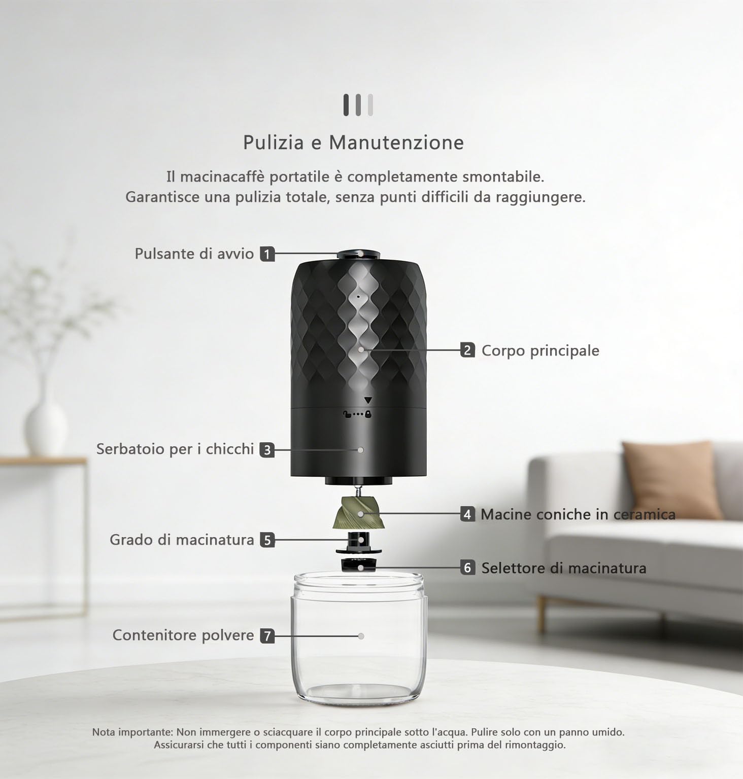 Macinacaffè elettrico portatile, macina conica con 5 gradi di macinazione regolabili, ricarica rapida USB-C e funzionamento con un solo pulsante, spazzola per la pulizia