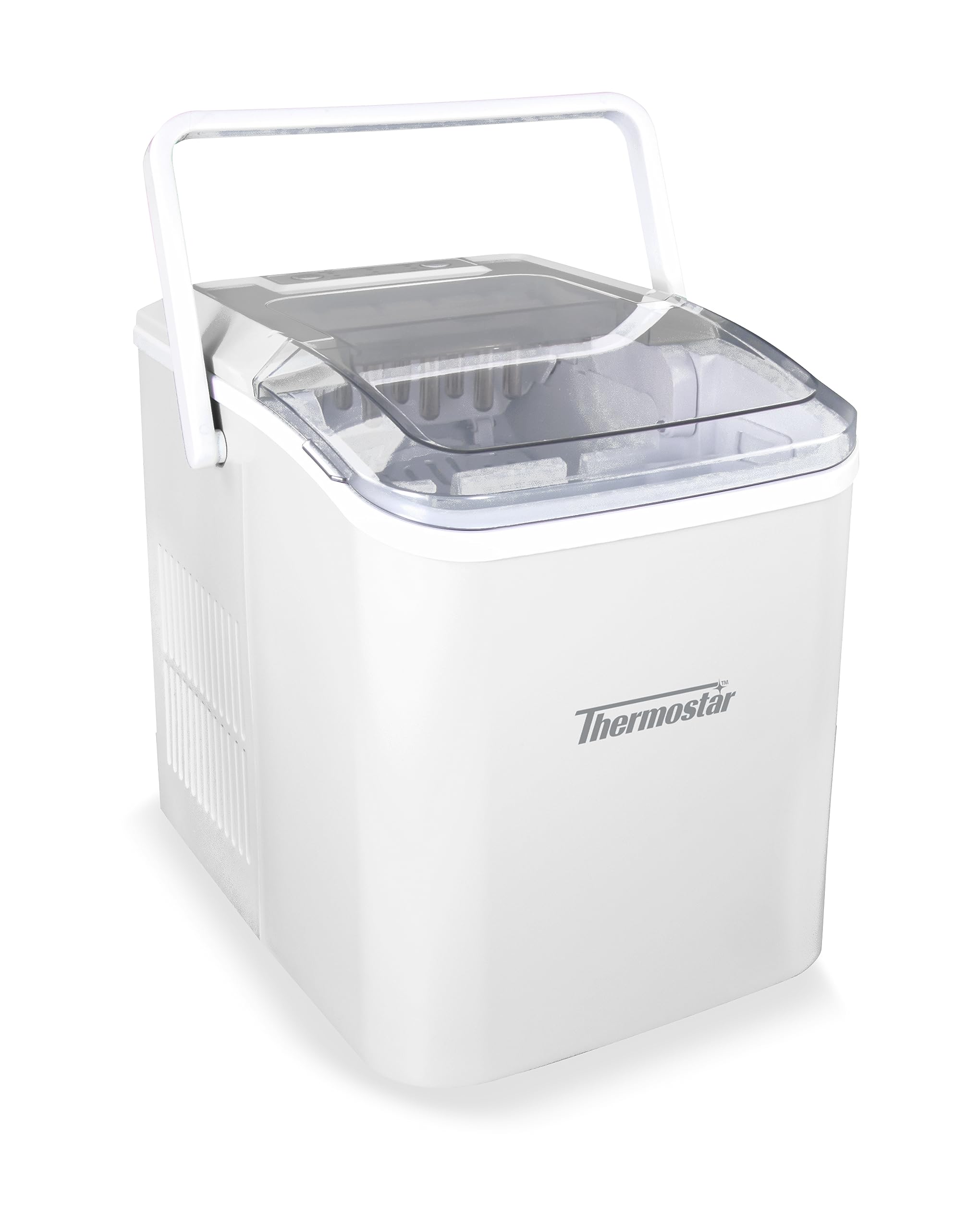 Nostalgia Thermostar Automatic Self-Cleaning Portable Electric Countertop Ice Maker Machine with Handle,26 Pounds in 24 Hours with Ice Scoop and Basket,Perfect for Water Bottles,Drinks,Parties,White | Fridge.com