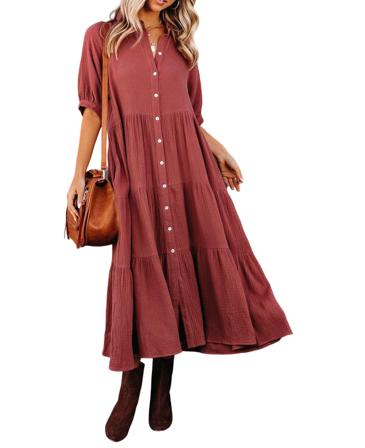 R.Vivimos Damen Sommer Casual Boho Mid-Sleeve Button Slit A-Linie Plissee Midi-Hemdkleid