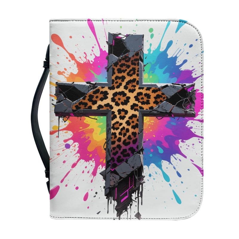 Kuiaobaty Leopard Print Cross Bible Case with Handle Leather Book Bag, Color Splash Zippered Pocket Book Cover for Women Men Kids, 4 Size,M