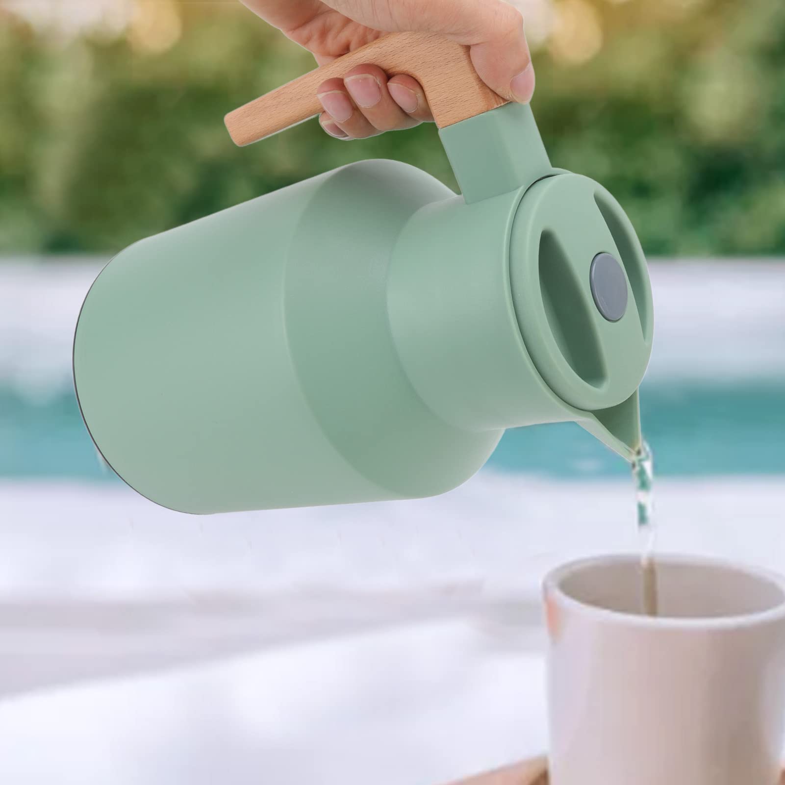 Thermal Coffee Carafe, 33.8oz Insulated Carafe for Hot Liquids Glass Gallbladder Vacuum Thermal Pot with Wooden Handle Vacuum Flask Coffee Dispenser(Green)