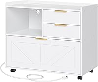 HOOBRO Lateral File Cabinet with Charging Station, White Wooden Printer Stand for Home Office, A4/Letter/Legal Files, Mobile Storage Drawers WT37UWJ01