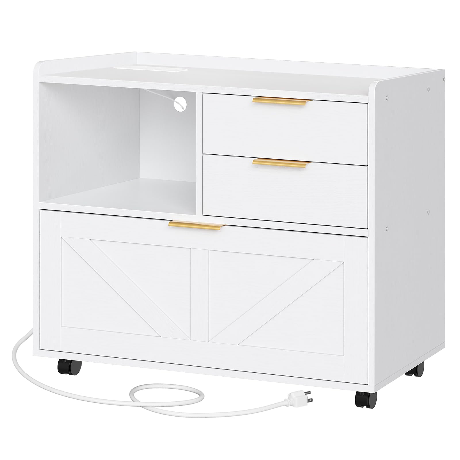 HOOBRO Lateral File Cabinet, Wooden Office Cabinet Drawers with Charging Station, Filing Cabinet for Home Office, A4/Letter/Legal-Sized Files, Printer Stand with Open Storage Spaces, White WT37UWJ01