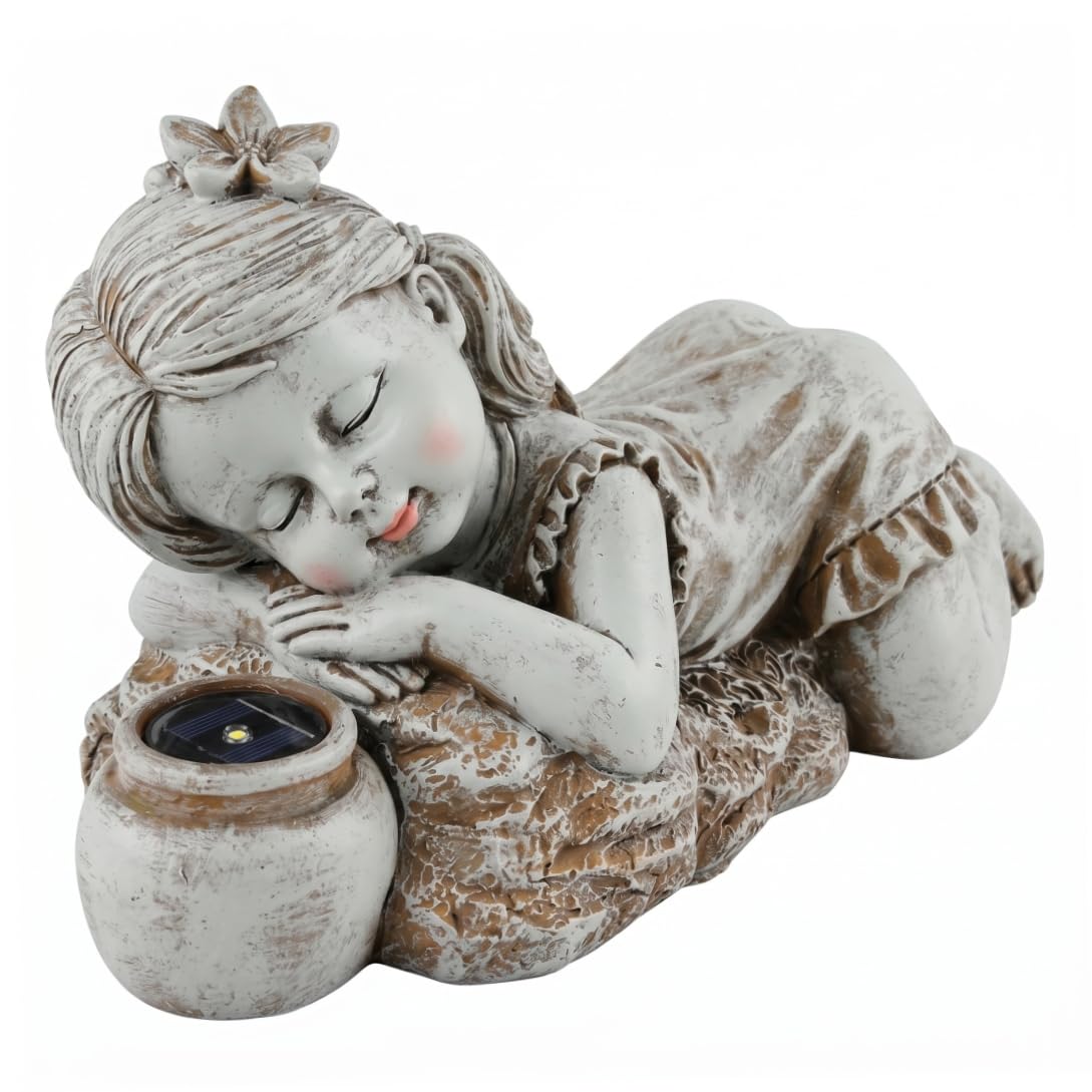 Bemonew Solar Statues for Yard and Garden, Waterproof Resin Boy Garden Statue Outdoor Solar-Powered Kids Figurine, Girl