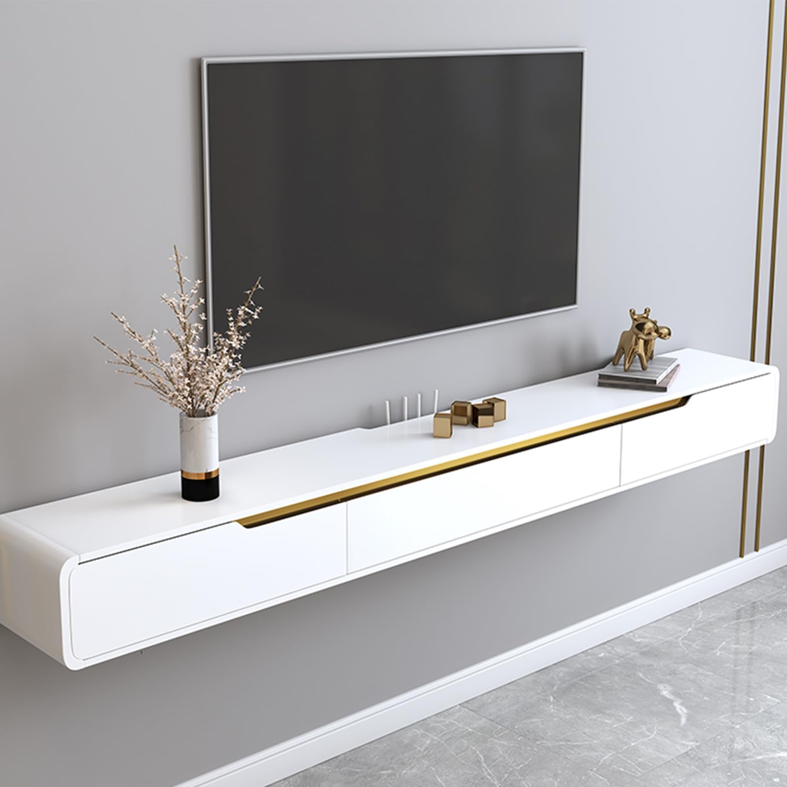 Ahtadums Solid wood Floating TV Stand, With 2 drawers floating tv cabinet, Floating tv unit wall mounted, completely assembled living room wall mounted tv unit (White, 140cm)