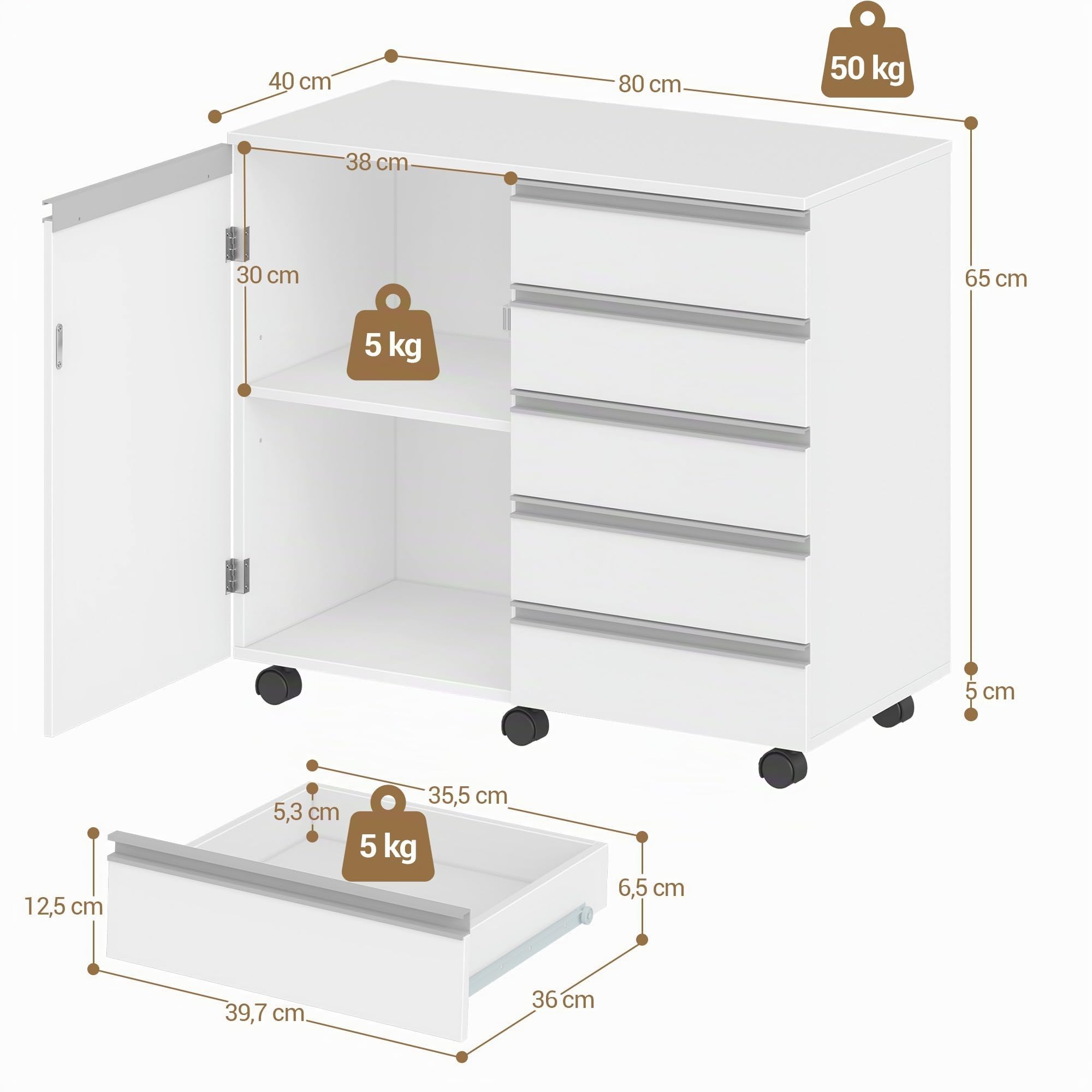 Hzuaneri Cajonera Escritorio con 5 cajones y Puerta de Armario, archivador móvil con Ruedas, Espacio de Almacenamiento para Oficina y Home Office, 40 x 80 x 70 cm, Blanco FC52503X