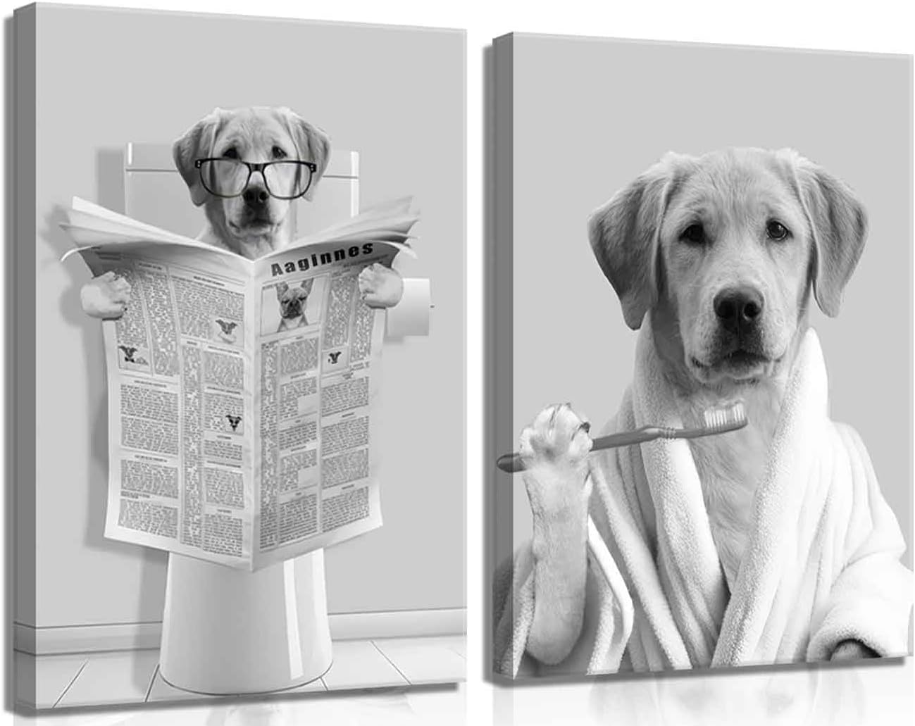 2Pcs Dog Bathroom Canvas Wall Art Funny Toilet Black And White Animal Wall Decor Pictures Unique Golden Retriever Bathroom Reading Newspaper Painting Posters Prints for Bathhouse Shop Home Decor Canvas 24L" x 16W"
