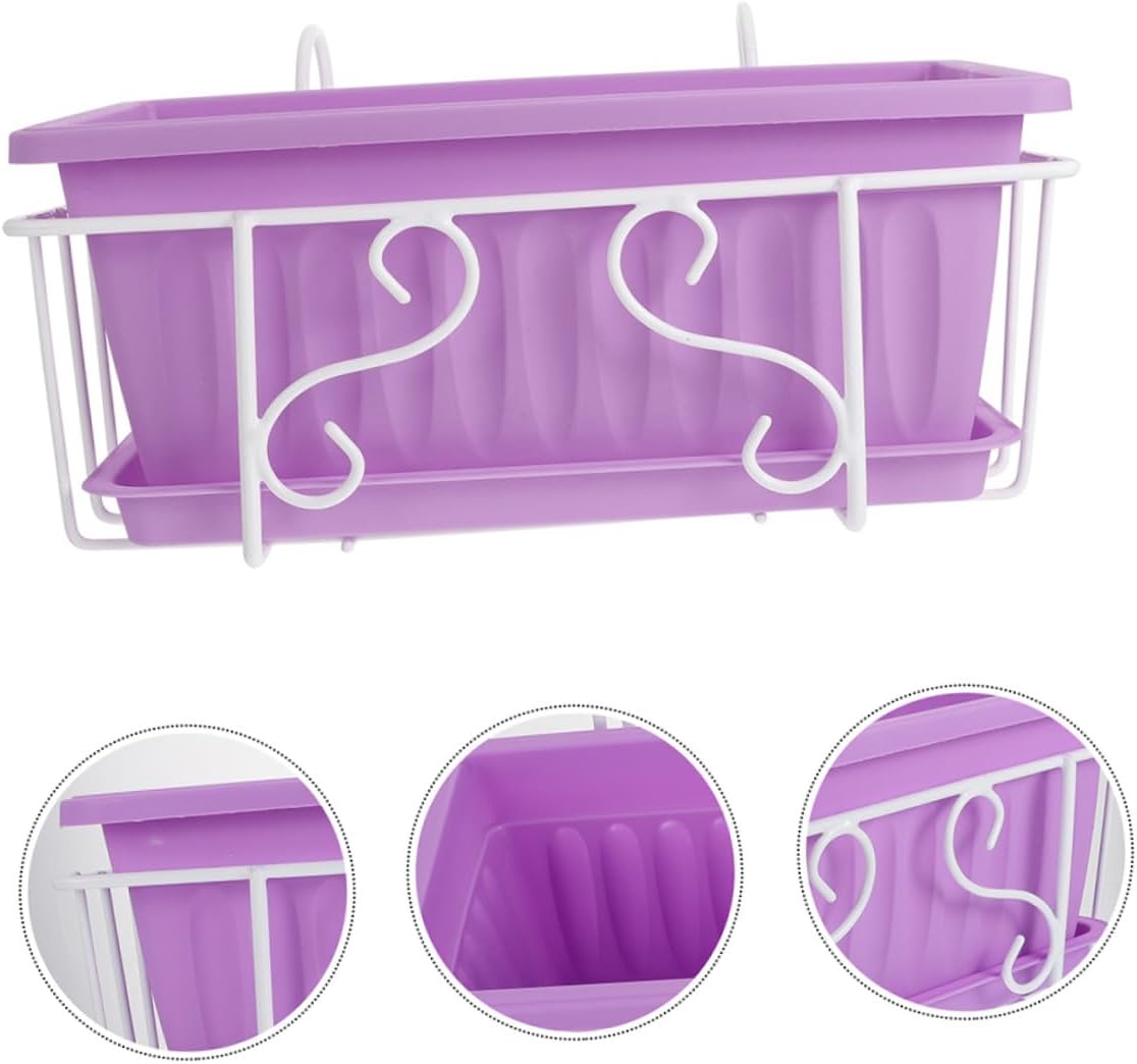 Large Rectangular Hanging Planter Pot Set with Purple Flower Pot, White Metal Bracket, and Saucer for Vegetable Growing and Windowsill Herb Garden in Medium Size