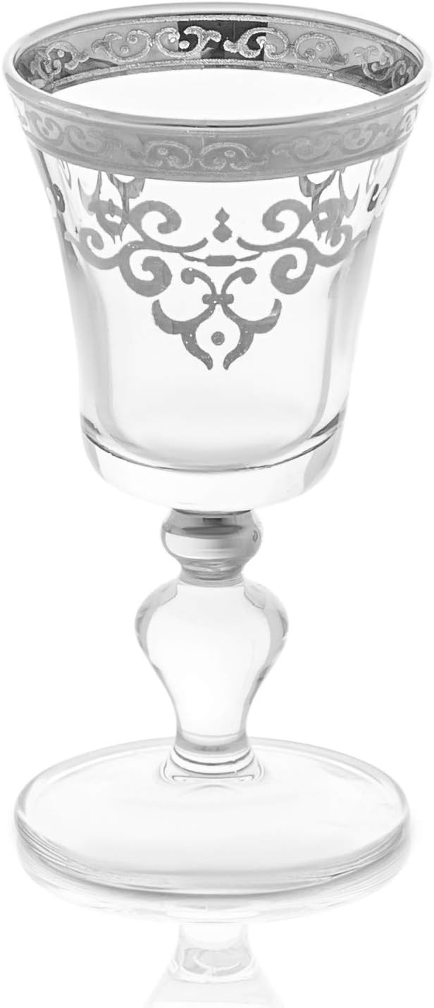 Clear Liquor Glasses with Stem and Silver DesignSet of 6Fills 2 ouncesMeasures