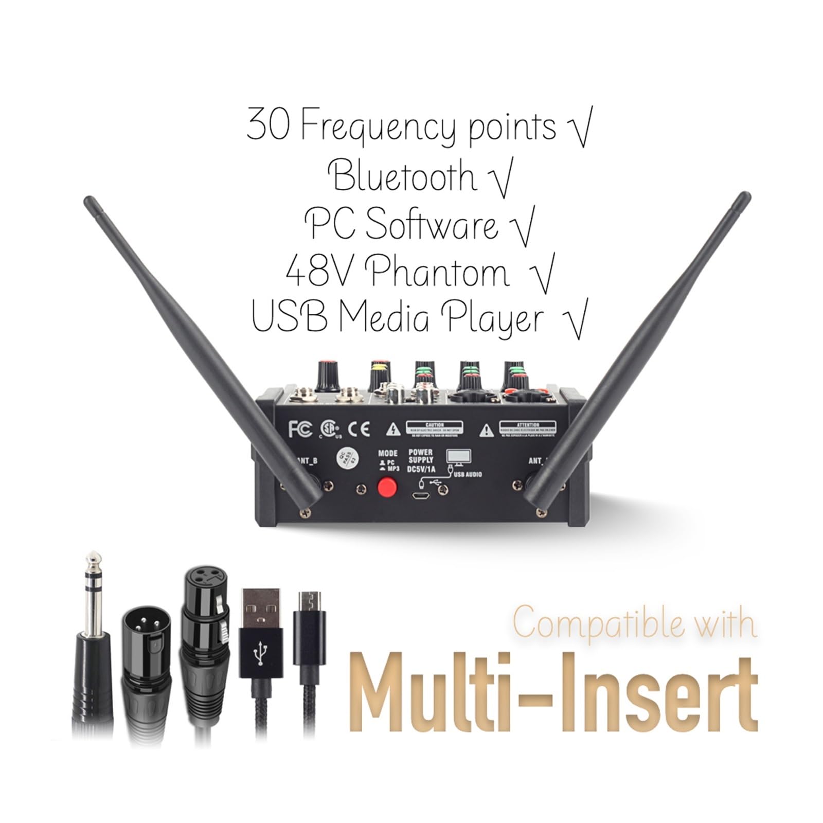Mezclador de DJ, Mezclador De Audio Dj Consola 4 Canales Con Micrófono Inalámbrico UHF Mezcla Sonido 48V Phantom Power, Estudio