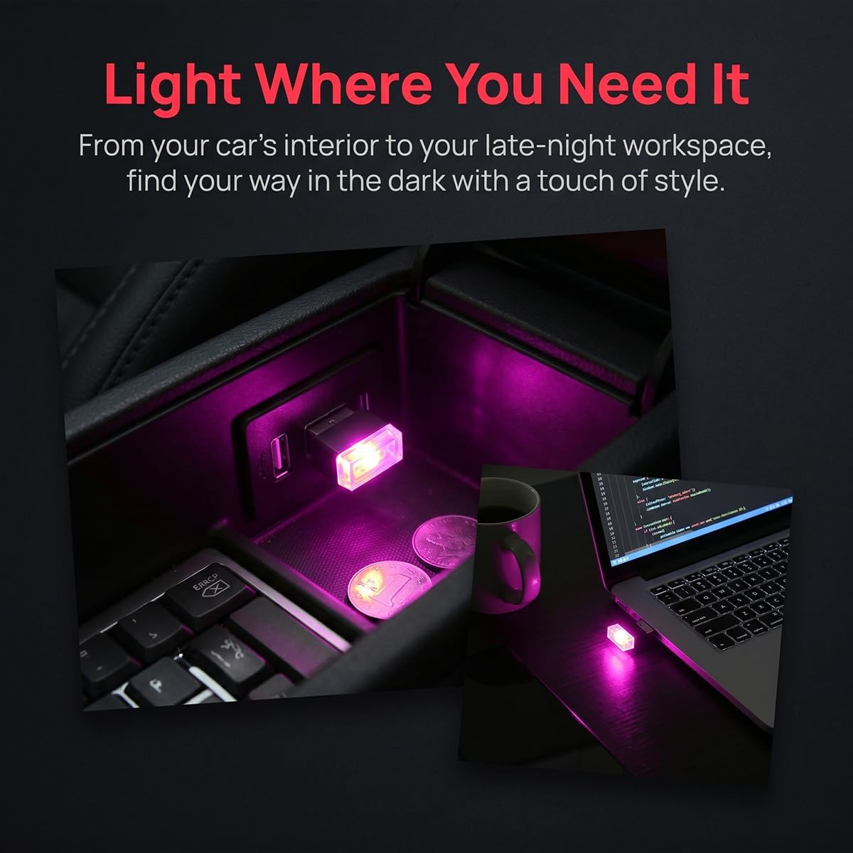 4PCS USB LED Car Interior Atmosphere Lamp, Portable Mini, Purple