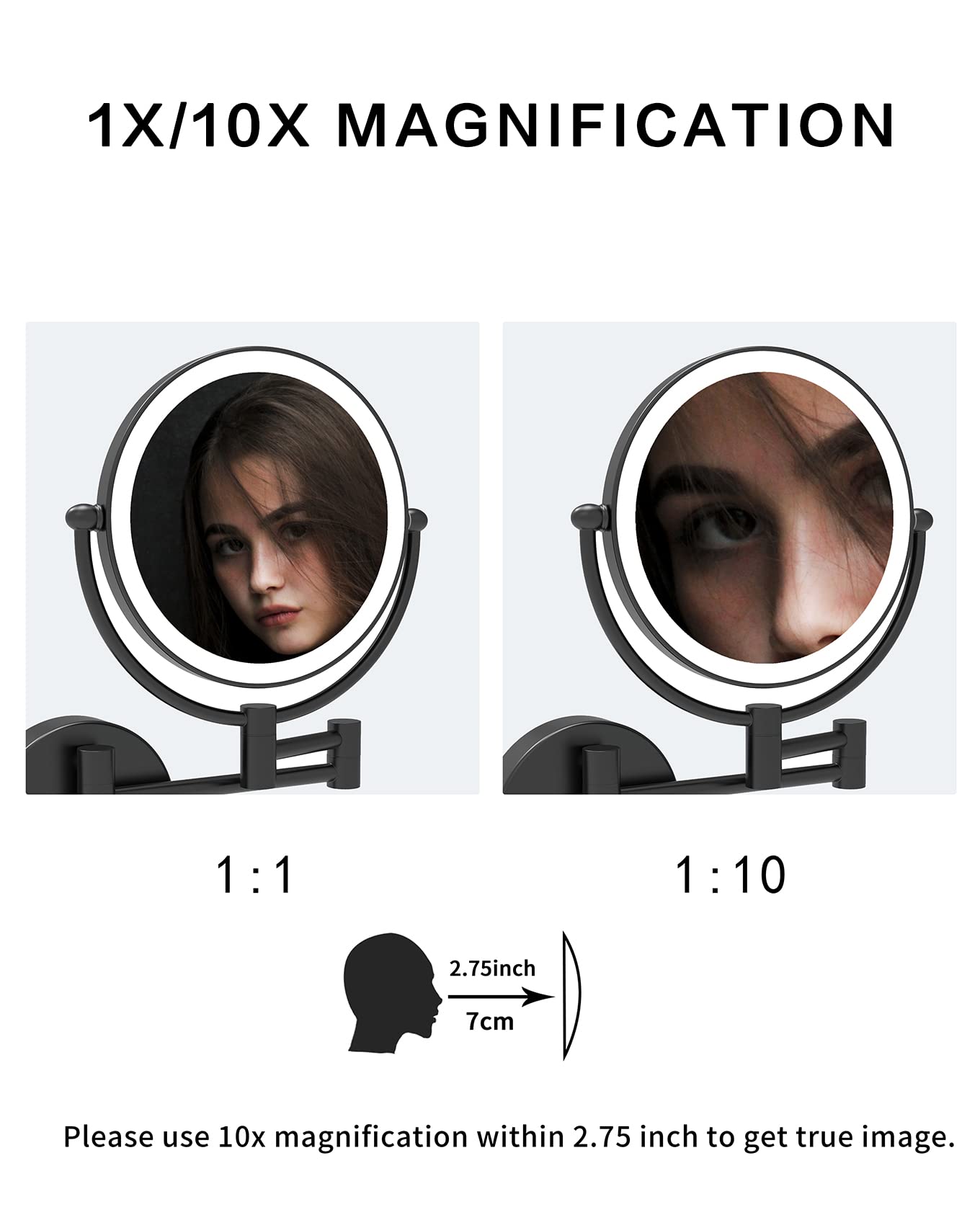 Fixsen - Specchio da parete a LED da 8 pollici con ingrandimento bifacciale, con prolunga da 12 pollici, con spina di ingrandimento 1X/10x, rotazione di 360°, impermeabile, pulsante da barba
