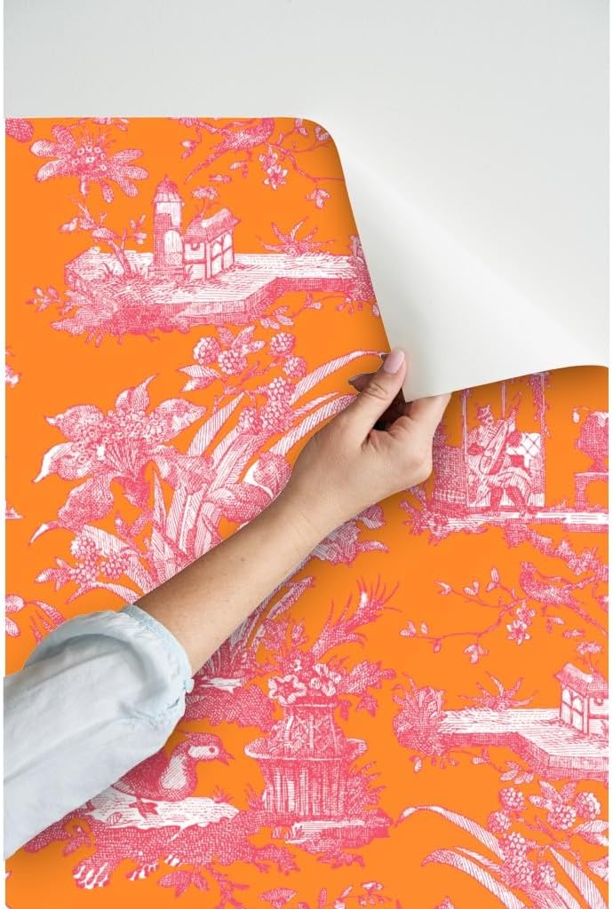 Peel & Stick Wallpaper 3ft x 2ft - Bright Orangechinoiserie Toile Pink Vibrant Chic Antique Inspired Custom Removable Wallpaper by Spoonflower